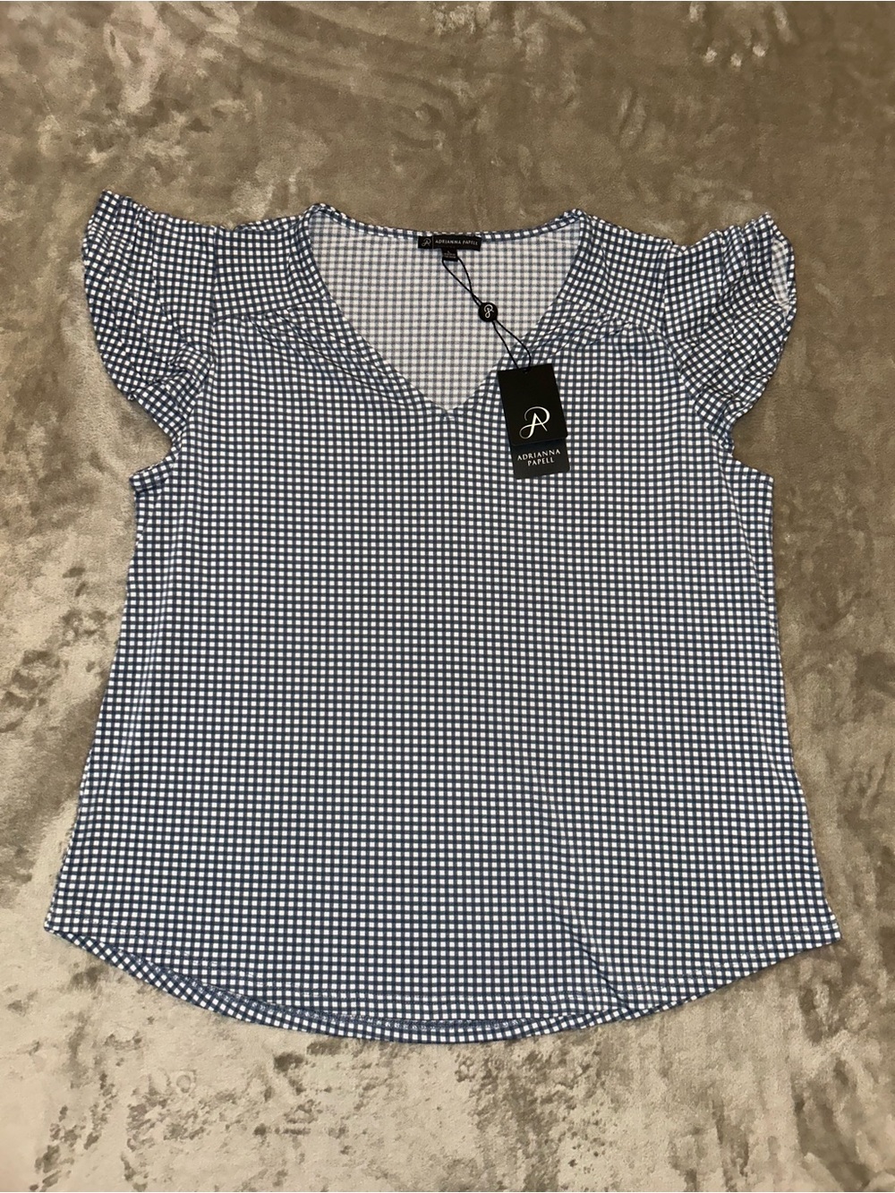 NWT Adrianna Papell Navy and White Gingham Flutter Sleeve V-Neck Blouse Large